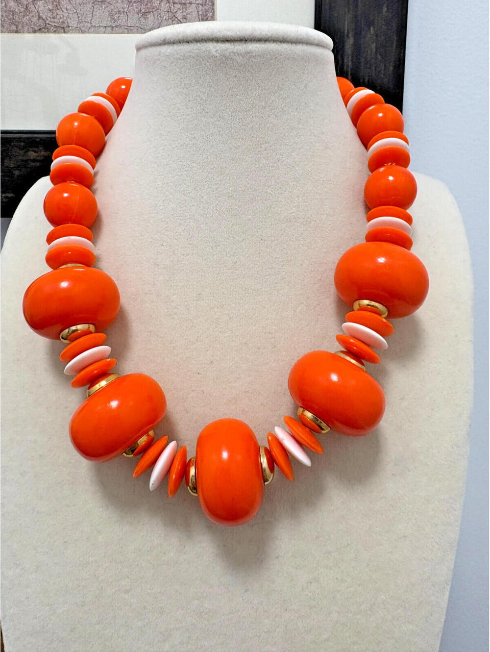 Vintage Orange & White Chunky Plastic Bead Choker Necklace Hong Kong 16" Mod